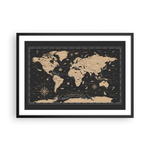 Affiche dans un cadre noir - Poster - Une carte du monde stylisée sur fond noir avec des accents beiges. - 70x50cm - Les limites de mon monde - Décoration murale moderne pour le salon et la chambre ARTTOR