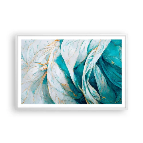 Affiche dans un cadre blanc - Poster - Abstraction bleue avec un motif doré - 91x61 cm
