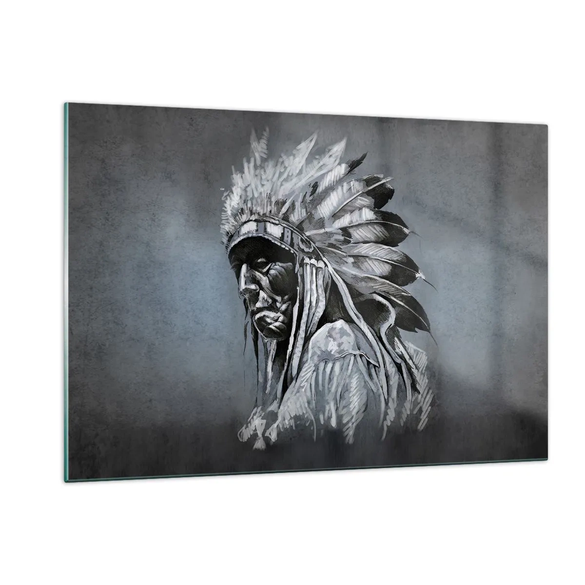 Impression sur verre - Image sur verre - Portrait d'un homme avec une coiffe de plumes sur un fond gris foncé - 120x80cm - Retour aux sources - Décoration murale moderne pour le salon et la chambre ARTTOR