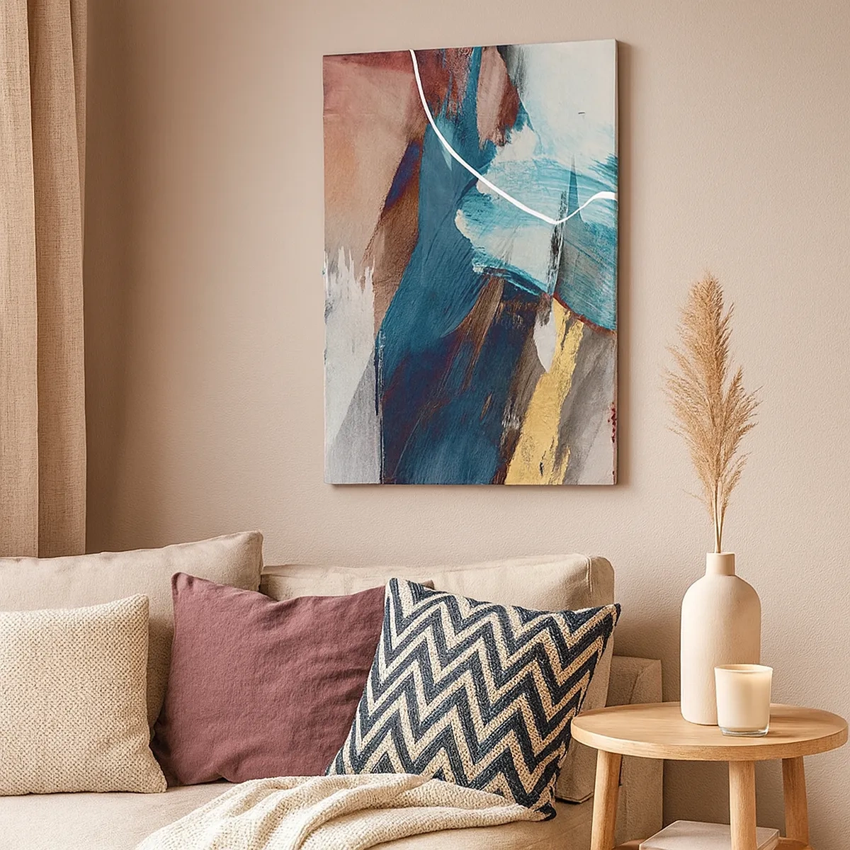 Impression sur toile - Image sur toile - Coups de pinceau abstraits dans des tons de bleu et d'or - 50x70cm - Avec panache et énergie - Décoration murale moderne pour le salon et la chambre ARTTOR