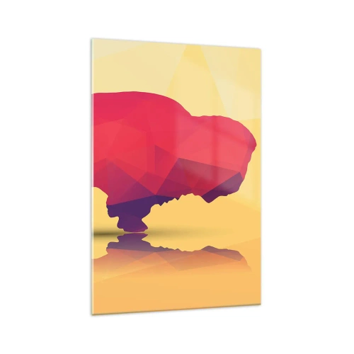 Impression sur verre - Image sur verre - Silhouette géométrique d'un bison dans les tons de rouge et de violet - 70x100cm - La force amarante du bison - Décoration murale moderne pour le salon et la chambre ARTTOR