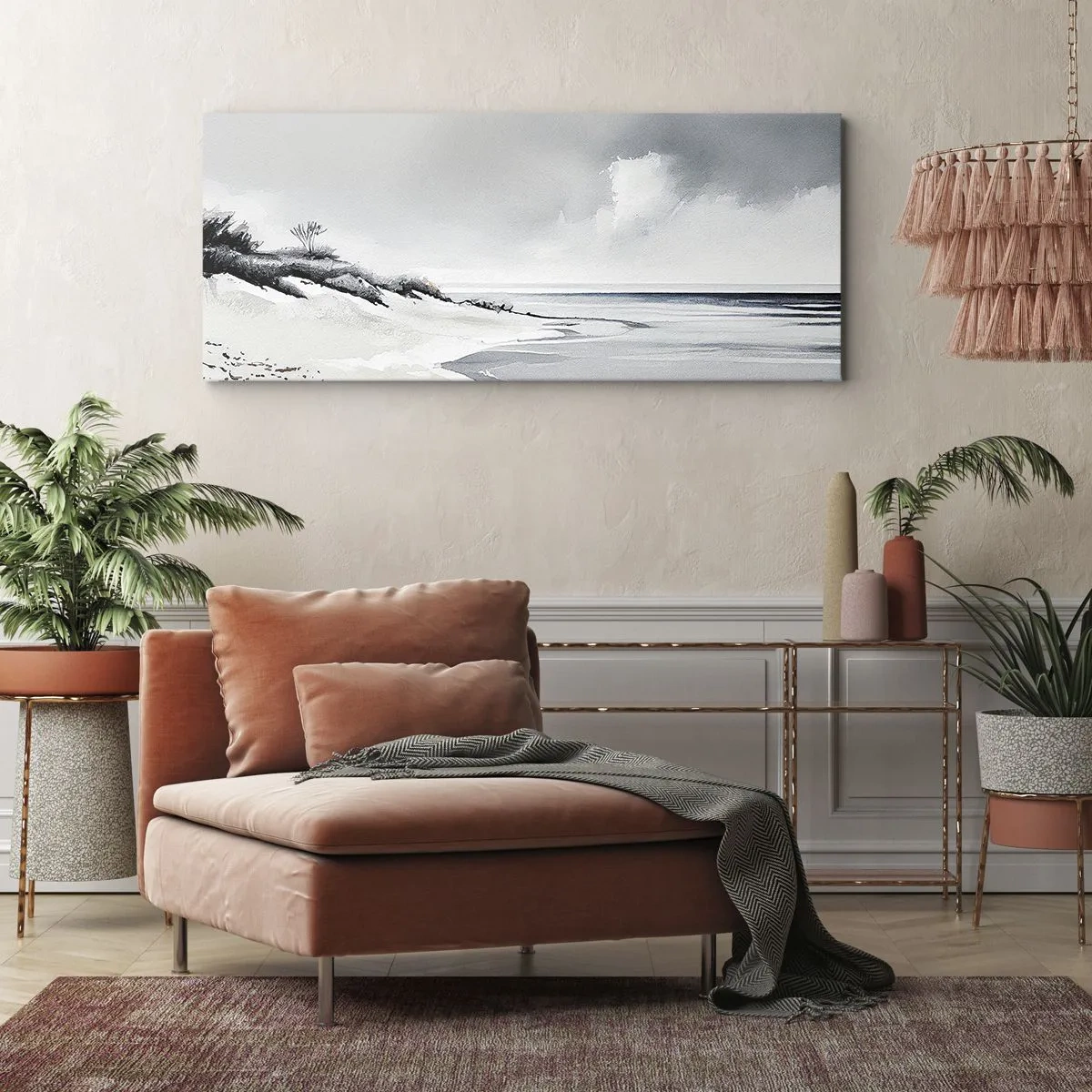 Impression sur toile - Image sur toile - Une plage aux tons sobres de gris et de bleu - 160x50cm - Ensemble depuis toujours - Décoration murale moderne pour le salon et la chambre ARTTOR