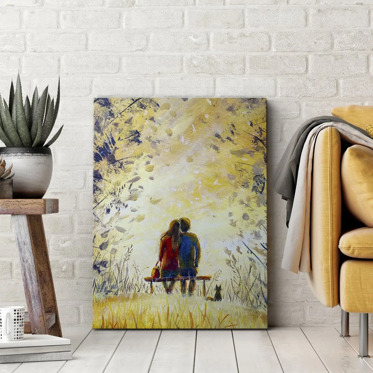 Impression sur toile - Image sur toile - Un couple assis sur un banc parmi les arbres d'automne au soleil - 50x70cm - Moment magique - Décoration murale moderne pour le salon et la chambre ARTTOR