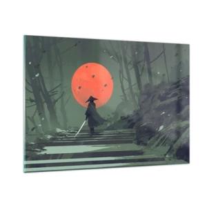 Impression sur verre - Image sur verre - Un guerrier solitaire avec une épée dans la forêt sur fond de lune rouge. - 100x70cm - Guerrier de la lune rouge - Décoration murale moderne pour le salon et la chambre ARTTOR