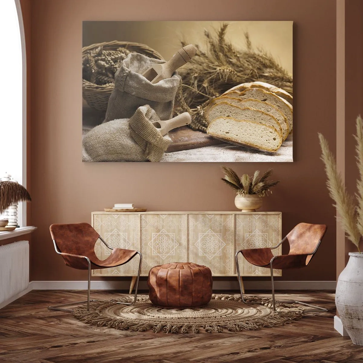 Impression sur toile - Image sur toile - Un paysage avec du pain, de la farine et des épis de blé dans un style rustique. - 100x70cm - Comment il coupe avec un couteau - Décoration murale moderne pour le salon et la chambre ARTTOR