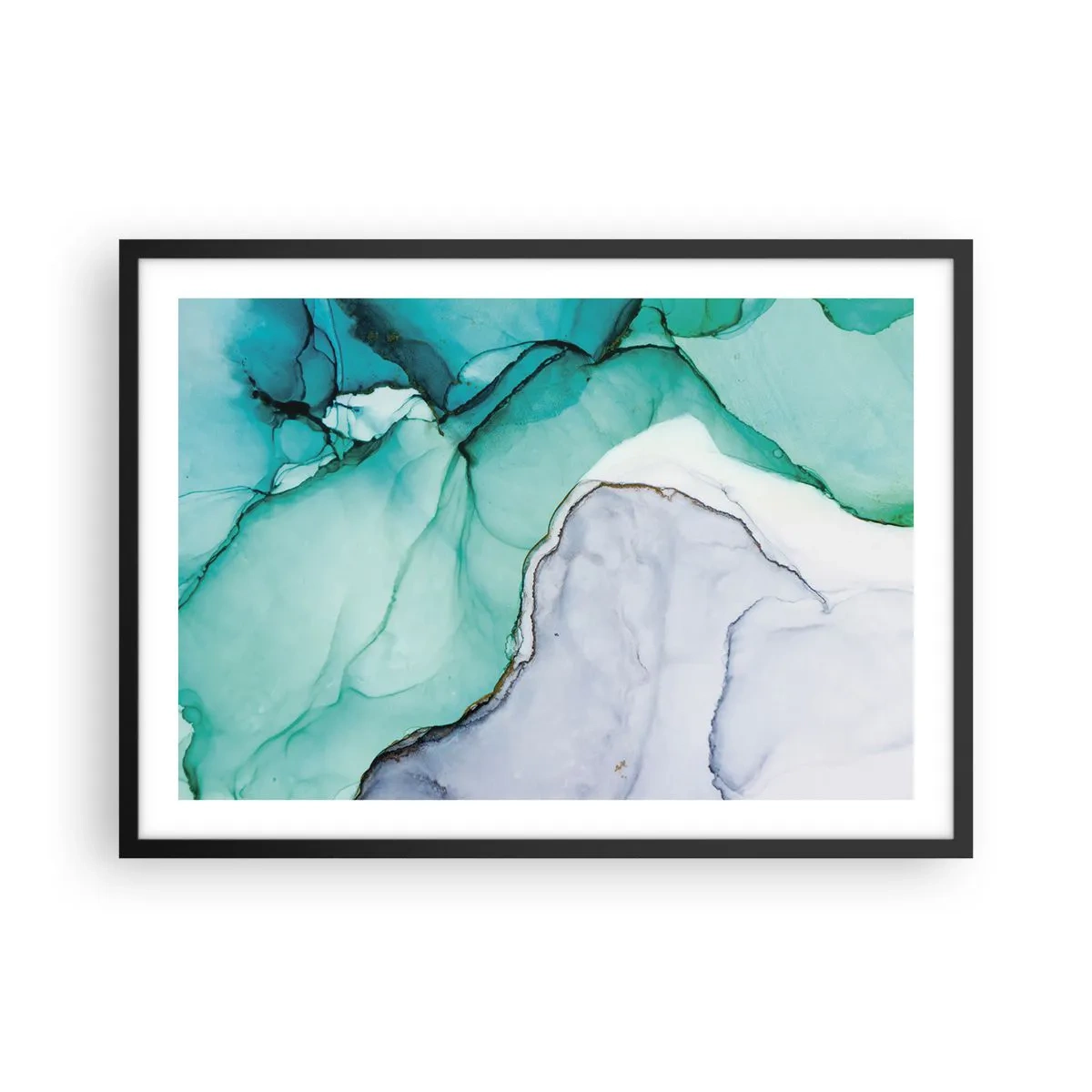 Affiche dans un cadre noir - Poster - Motif abstrait dans les tons turquoise et blanc - 70x50cm - Étude de turquoise - Décoration murale moderne pour le salon et la chambre ARTTOR