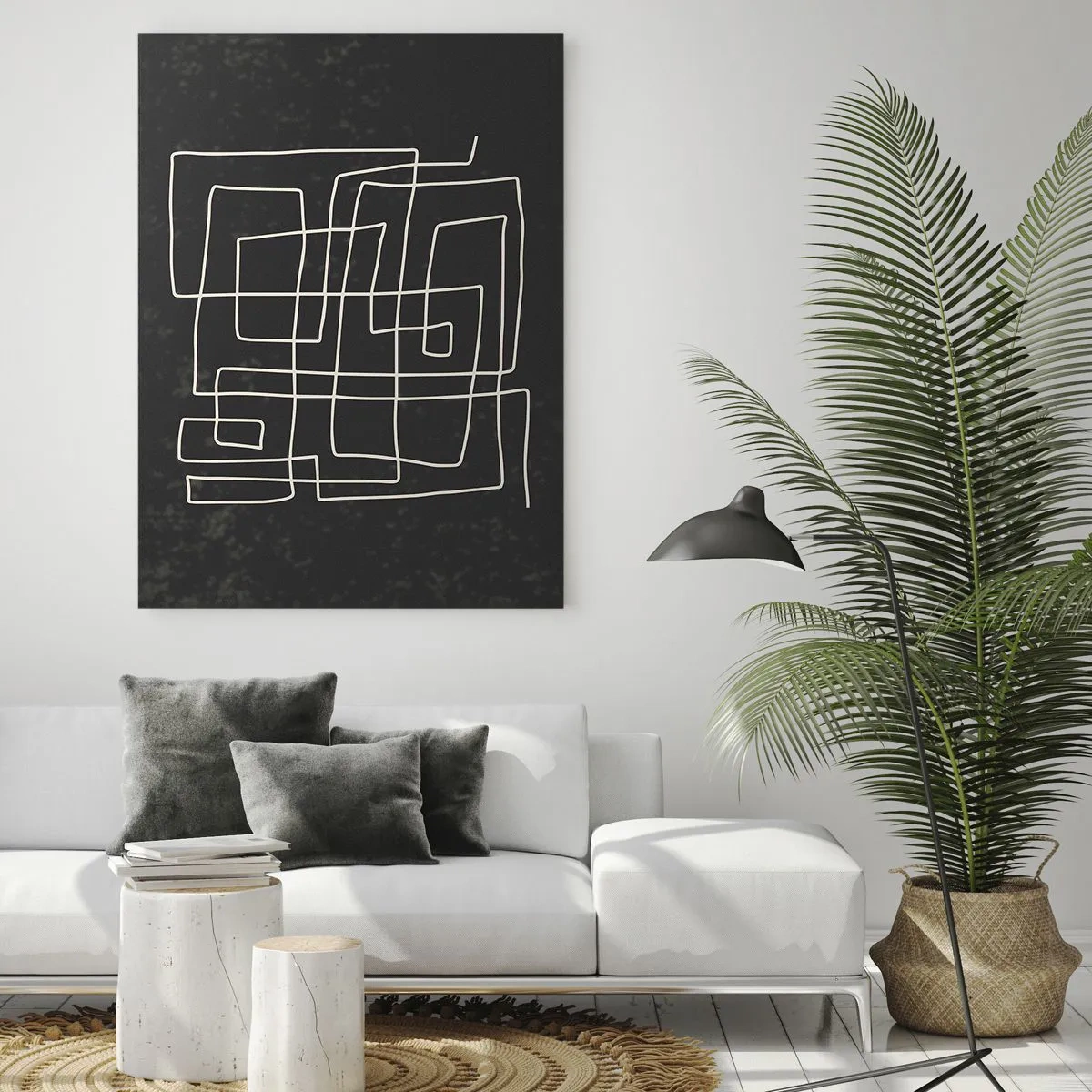Impression sur verre - Image sur verre - Abstraction géométrique avec des lignes blanches sur fond noir - 50x70cm - Pas aussi simple - Décoration murale moderne pour le salon et la chambre ARTTOR