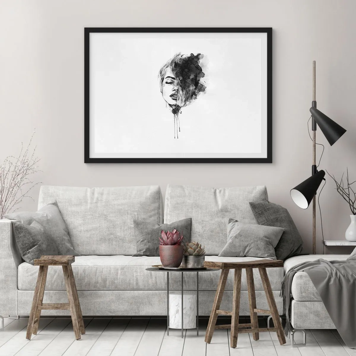 Affiche dans un cadre noir - Poster - Portrait artistique d'une femme en technique d'aquarelle avec des détails abstraits - 70x50cm - De quoi rêve la fille - Décoration murale moderne pour le salon et la chambre ARTTOR