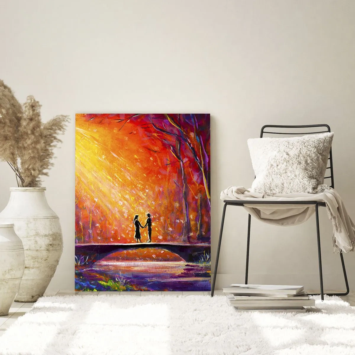 Impression sur verre - Image sur verre - Couple romantique sur un pont dans la forêt d'automne - 80x120cm - Le ciel les aime aussi - Décoration murale moderne pour le salon et la chambre ARTTOR
