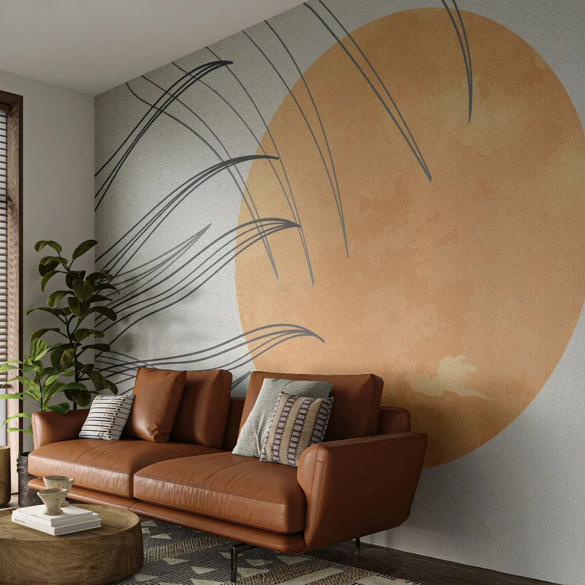 Papier Peint Photo Premium Sand - Un soleil orange avec des lignes ressemblant à de l'herbe dans le vent - 100x70cm - Toujours vers le soleil - Décoration murale moderne pour le salon et la chambre ARTTOR