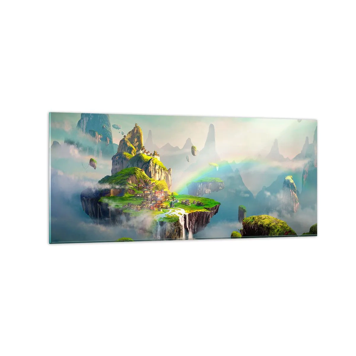 Impression sur verre - Image sur verre - Des îles volantes parmi les nuages avec un arc-en-ciel à l'horizon - 120x50cm - Au milieu des cieux - îles du bonheur - Décoration murale moderne pour le salon et la chambre ARTTOR