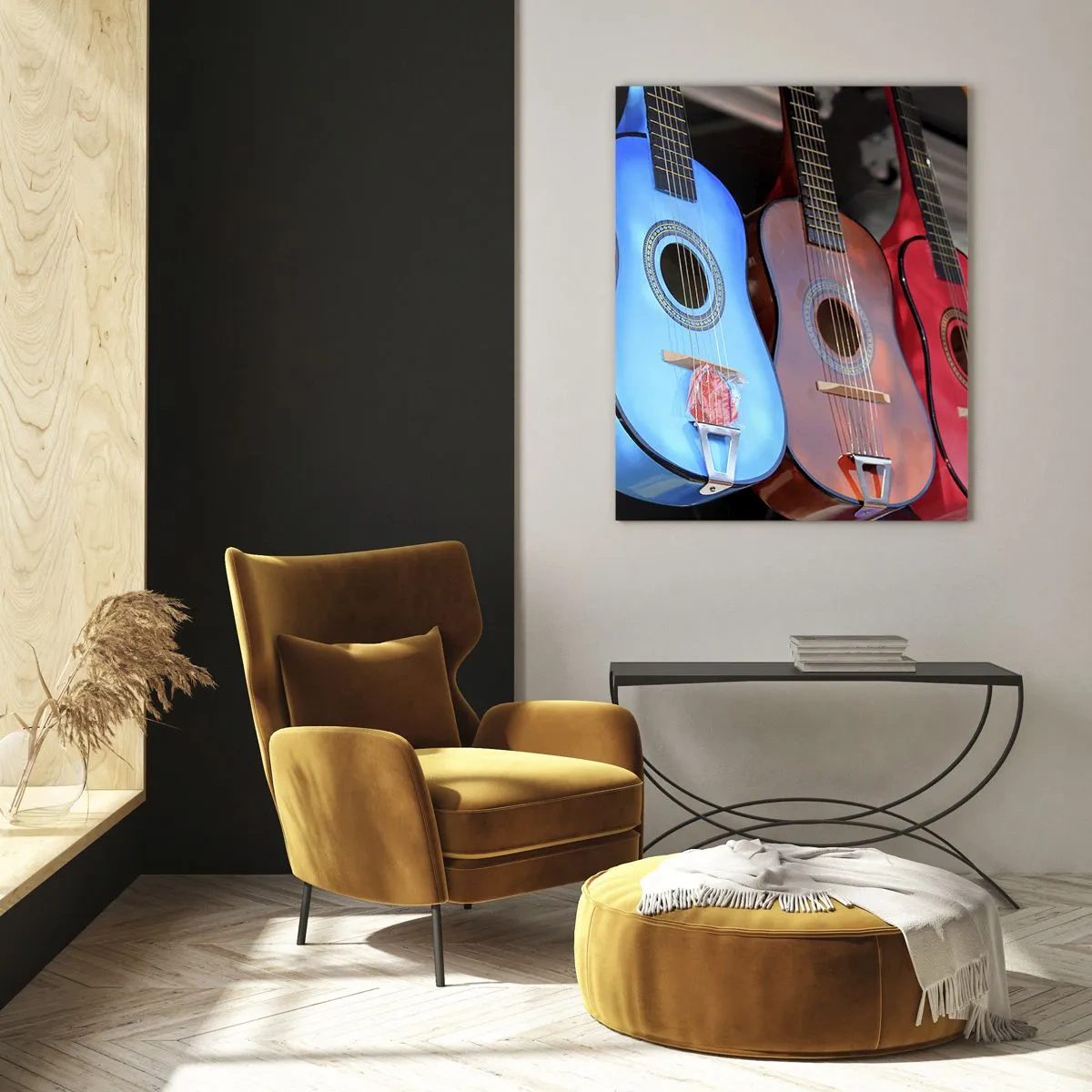 Impression sur verre - Image sur verre - Guitares colorées accrochées en rangée en exposition - 50x70cm - Ambiance latine - Décoration murale moderne pour le salon et la chambre ARTTOR