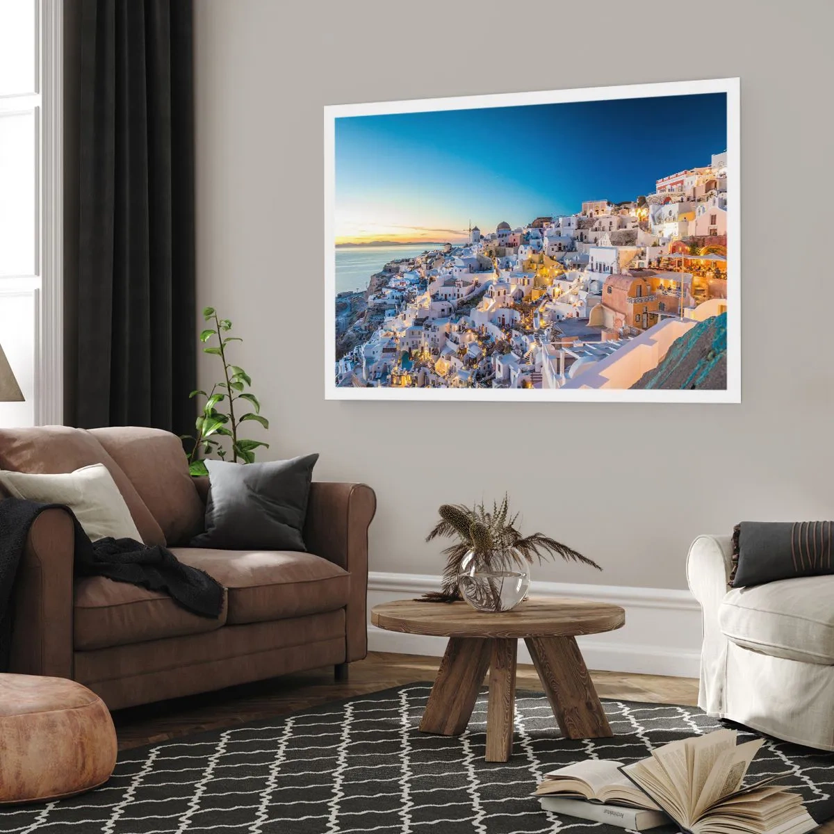 Affiche - Poster - Vue d'une ville grecque au coucher du soleil - 100x70cm - L'essence de la grecque - Décoration murale moderne pour le salon et la chambre ARTTOR