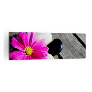 Impression sur toile - Image sur toile - Fleur rose sur un fond de planches de bois avec des pierres - 160x50cm - Repos sur la jetée - Décoration murale moderne pour le salon et la chambre ARTTOR
