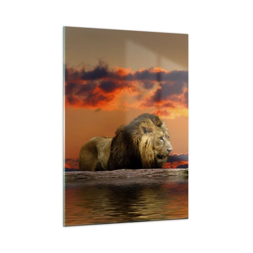Impression sur verre - Image sur verre - Un lion sur fond de soleil couchant - 50x70cm - Le roi de la nature - Décoration murale moderne pour le salon et la chambre ARTTOR