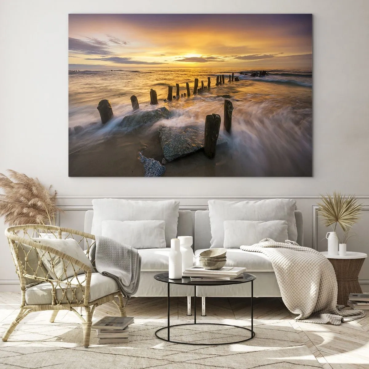 Impression sur verre - Image sur verre - Coucher de soleil sur la mer avec des pilotis en bois sur la plage - 70x50cm - La beauté brute de la mer Baltique - Décoration murale moderne pour le salon et la chambre ARTTOR