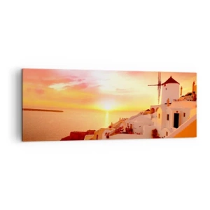 Impression sur toile - Image sur toile - Santorin au coucher du soleil avec un moulin à vent - 140x50cm - Fondre en blanc et or - Décoration murale moderne pour le salon et la chambre ARTTOR