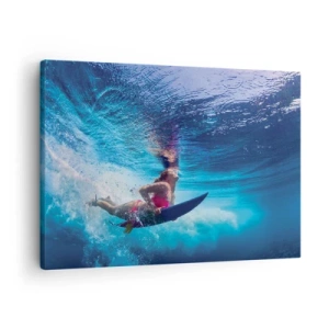 Impression sur toile - Image sur toile - Un surfeur sous l'eau dans une composition dynamique aux tons bleus. - 70x50cm - Joie profonde - Décoration murale moderne pour le salon et la chambre ARTTOR