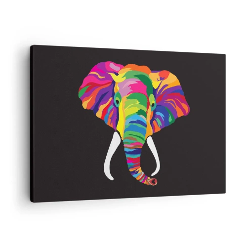 Impression sur toile - Image sur toile - Une image colorée d'un éléphant sur fond noir - 70x50cm - L'éléphant qui aimait se baigner dans un arc-en-ciel - Décoration murale moderne pour le salon et la chambre ARTTOR