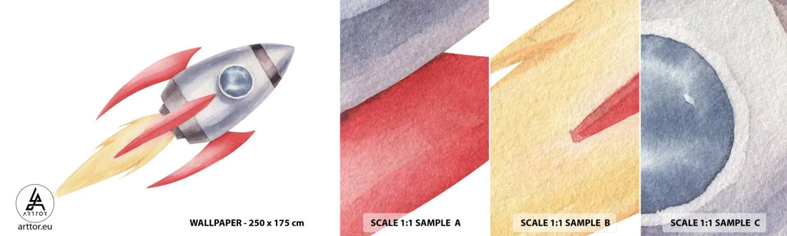 Échantillon de Papier Peint Autocollant Deluxe Sticker - Plus haut, plus vite, plus loin - Une fusée spatiale, Enfants, Cosmos - 100x30 cm