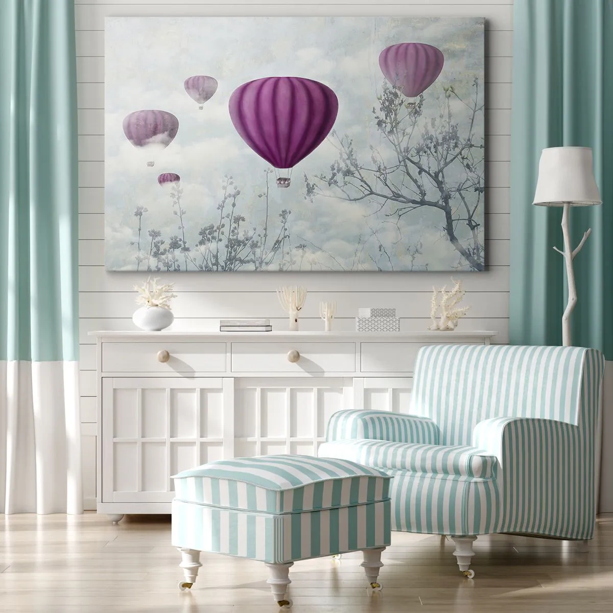 Impression sur toile - Image sur toile - Des ballons violets flottant au-dessus des arbres dans les nuages - 100x70cm - Comme des navires dans le ciel - Décoration murale moderne pour le salon et la chambre ARTTOR