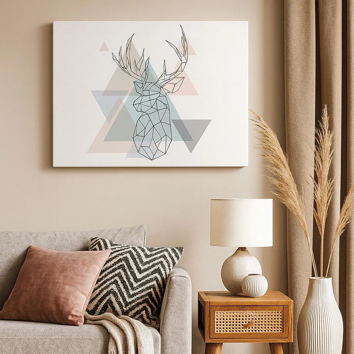 Impression sur toile - Image sur toile - Cerf géométrique sur fond de triangles pastel - 70x50cm - Dans une forêt géométrique - Décoration murale moderne pour le salon et la chambre ARTTOR