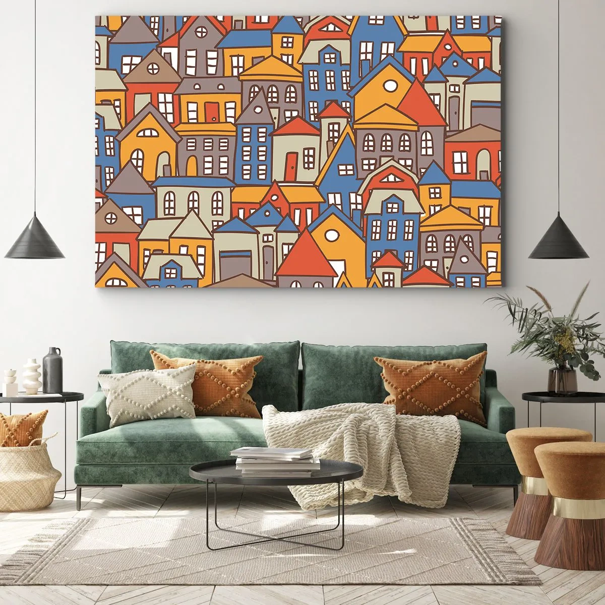 Impression sur toile - Image sur toile - Maisons colorées dans un style graphique sur fond clair - 100x70cm - Derrière la maison, une maison - Décoration murale moderne pour le salon et la chambre ARTTOR