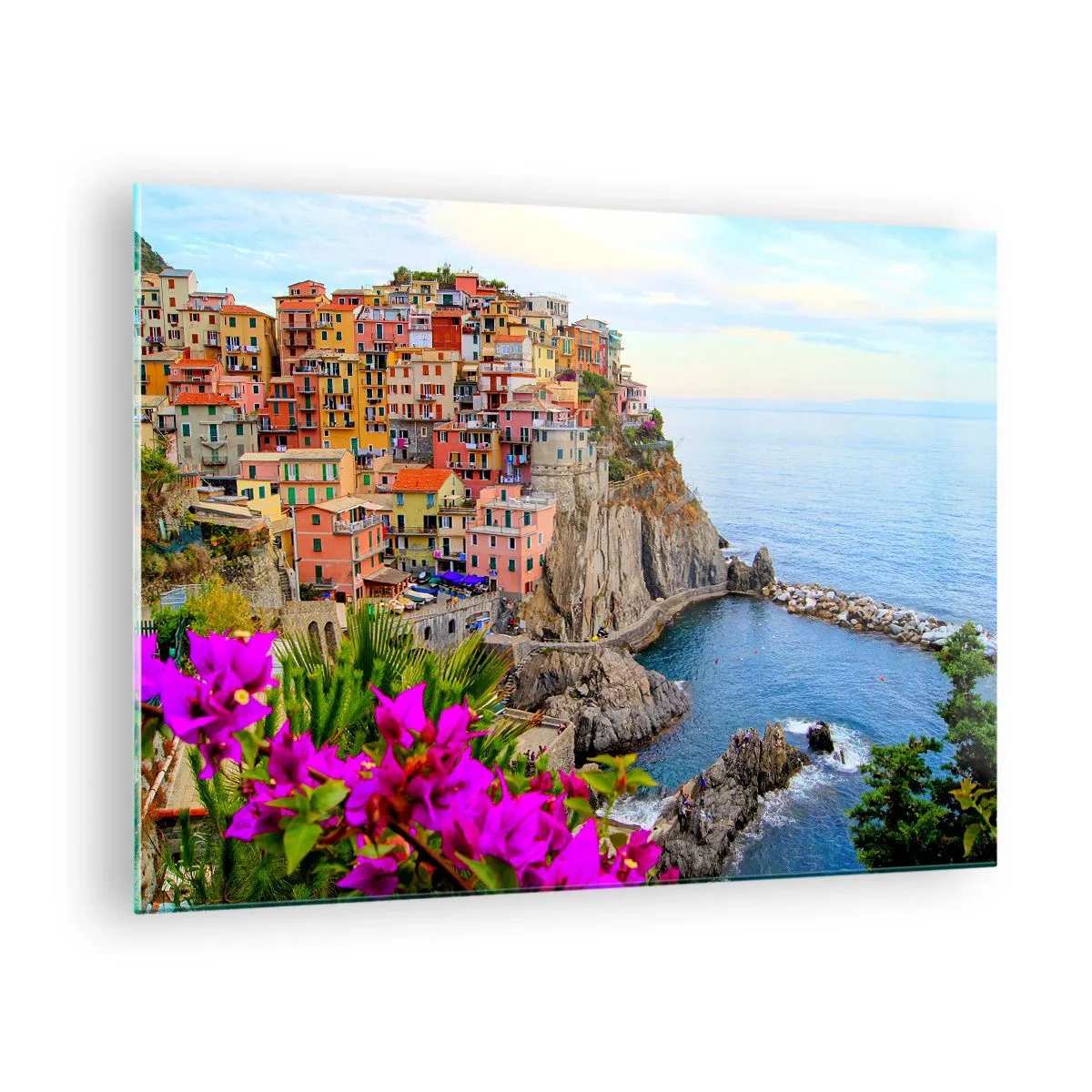 Impression sur verre - Image sur verre - Maisons colorées sur une falaise surplombant la mer - 70x50cm - La ville qui rit - Décoration murale moderne pour le salon et la chambre ARTTOR