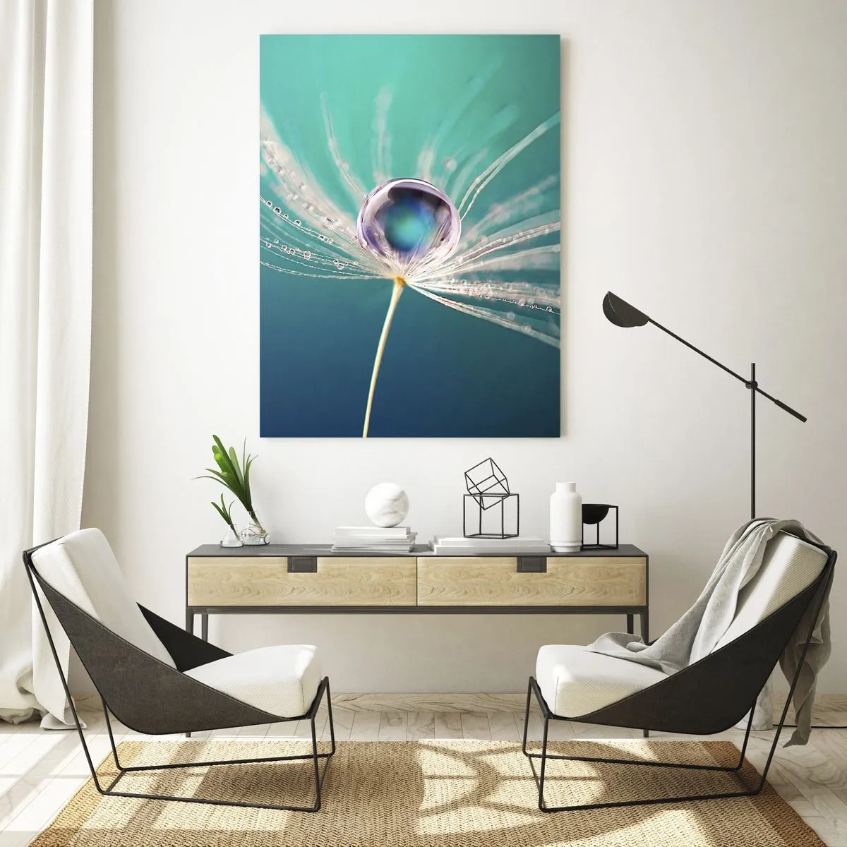 Impression sur verre - Image sur verre - Macrophotographie d'une graine de pissenlit avec une goutte de rosée sur un fond turquoise - 50x70cm - Moment mystique - Décoration murale moderne pour le salon et la chambre ARTTOR
