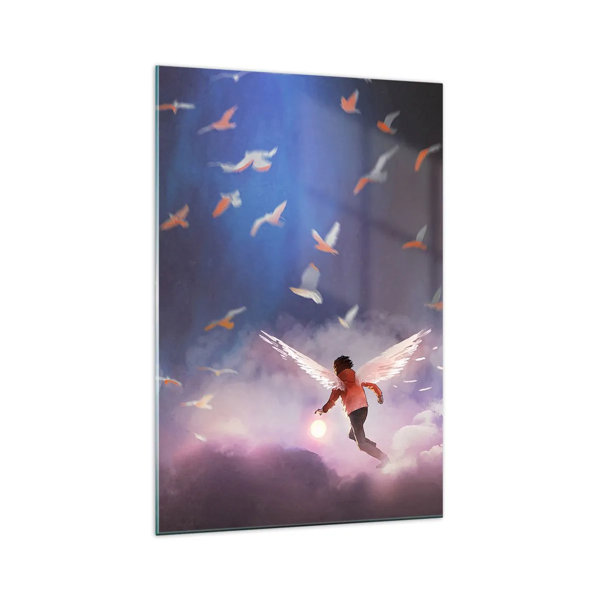 Impression sur verre - Image sur verre - Une figure avec des ailes d'ange flottant parmi les oiseaux dans le ciel - 70x100cm - Il faut de l'imagination et du courage - Décoration murale moderne pour le salon et la chambre ARTTOR
