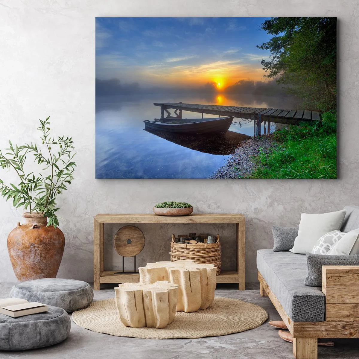 Impression sur toile - Image sur toile - Une jetée au bord du lac au lever du soleil avec un bateau sur le rivage - 70x50cm - Comment l'ordinaire se transforme en magie - Décoration murale moderne pour le salon et la chambre ARTTOR