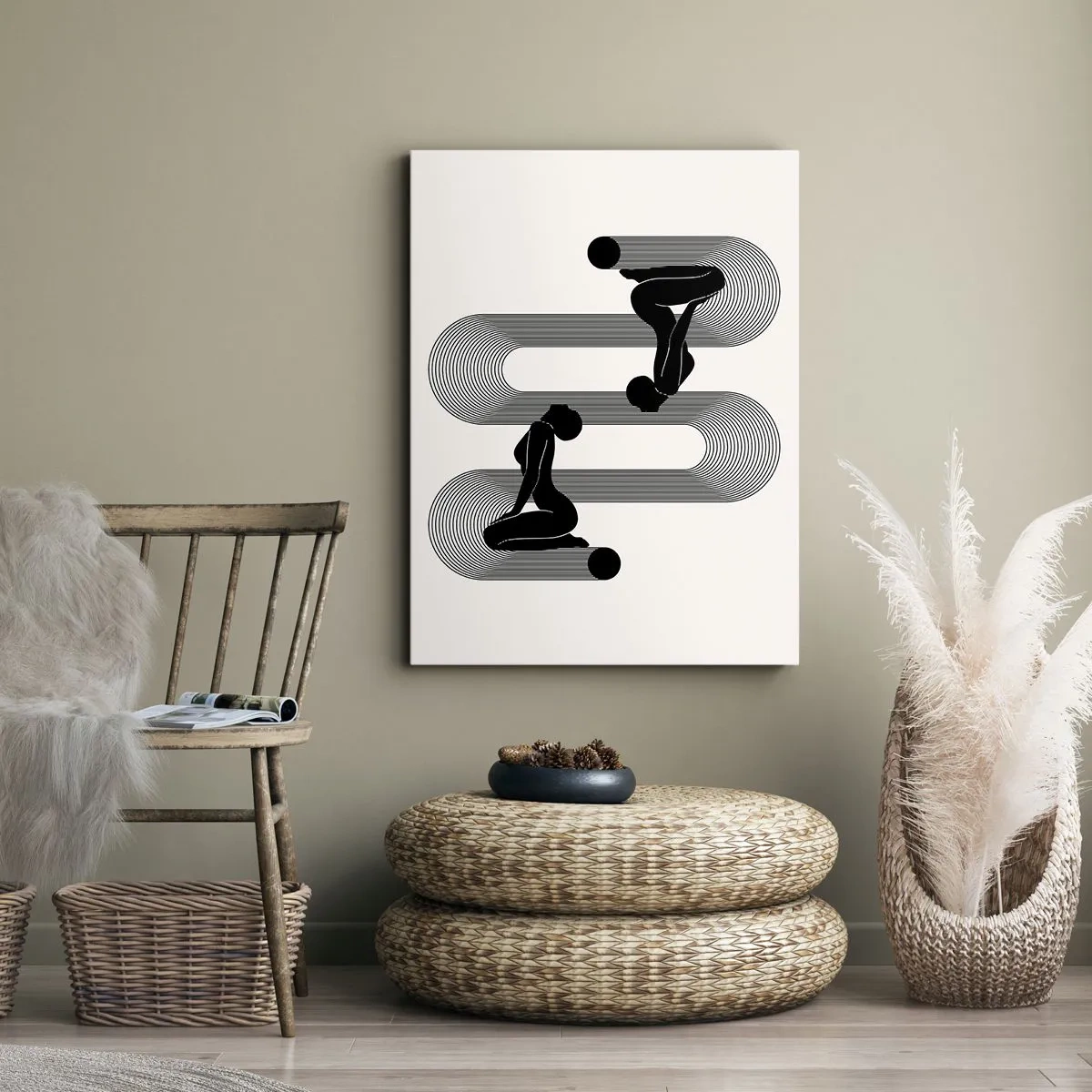 Impression sur toile - Image sur toile - Silhouettes noires avec des lignes géométriques sur fond clair - 50x70cm - Symétrie sensuelle - Décoration murale moderne pour le salon et la chambre ARTTOR