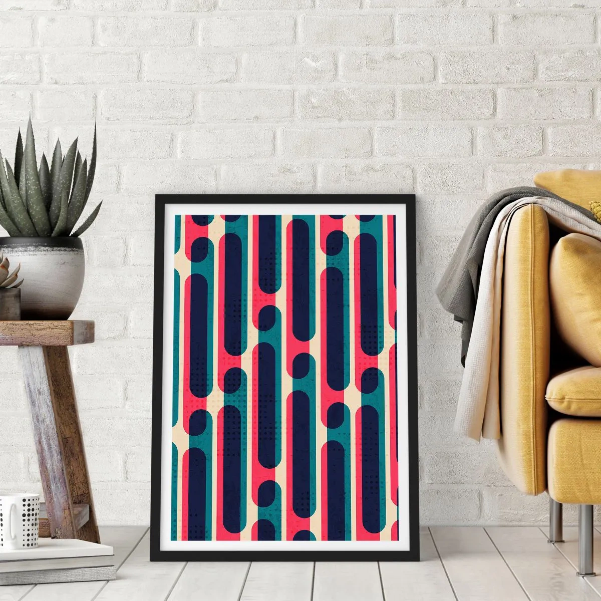 Affiche dans un cadre noir - Poster - Motif géométrique dans les tons de rouge et de bleu - 50x70cm - En profondeur et sur l'avant - Décoration murale moderne pour le salon et la chambre ARTTOR