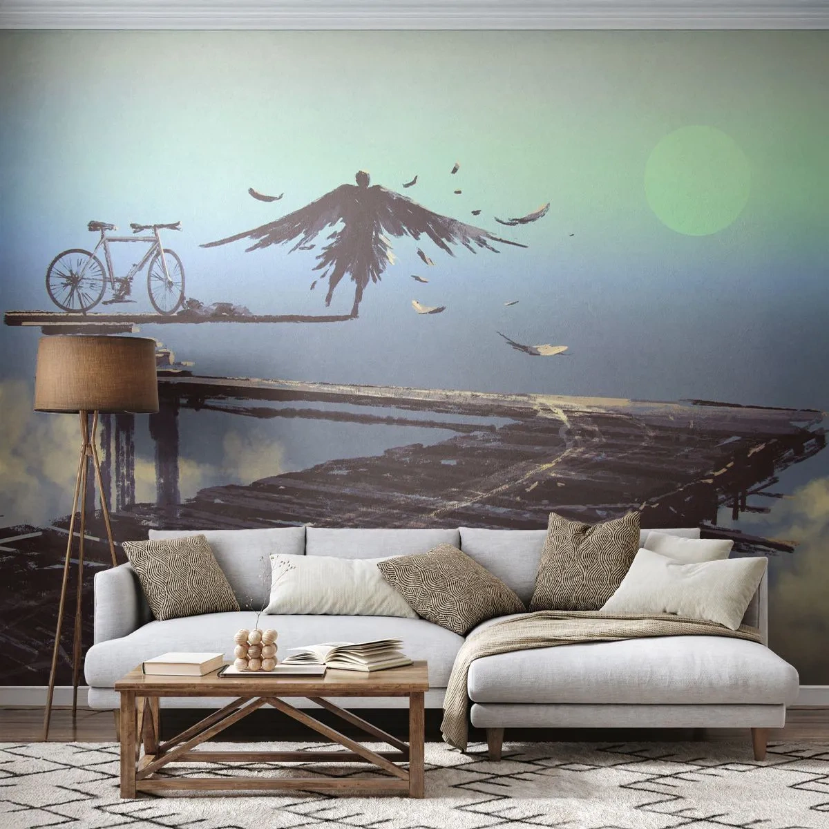 Papier Peint Photo Premium Sand - Une silhouette avec des ailes noires au bout d'un pont en bois - 100x70cm - Icare est toujours vivant - Décoration murale moderne pour le salon et la chambre ARTTOR