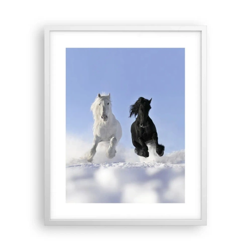 Affiche dans un cadre blanc - Poster - Galop noir et blanc - 40x50 cm