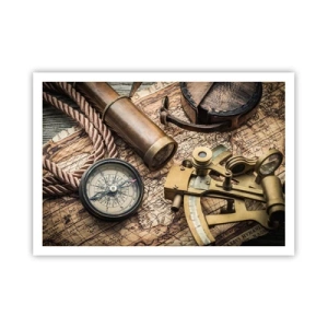 Affiche - Poster - Une boussole, un sextant et un télescope sur fond de vieille carte et de corde nautique. - 100x70cm - Fixer un cap - Décoration murale moderne pour le salon et la chambre ARTTOR