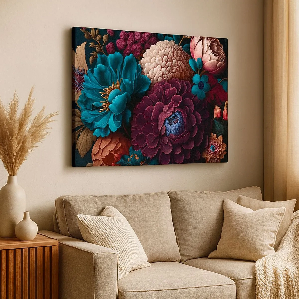 Impression sur toile - Image sur toile - Un bouquet de fleurs aux couleurs intenses sur fond sombre - 70x50cm - La nature en abondance - Décoration murale moderne pour le salon et la chambre ARTTOR