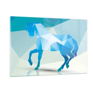 Impression sur verre - Image sur verre - Cheval géométrique dans les tons bleu et blanc - 120x80cm - Cheval géométrique en turquoise - Décoration murale moderne pour le salon et la chambre ARTTOR
