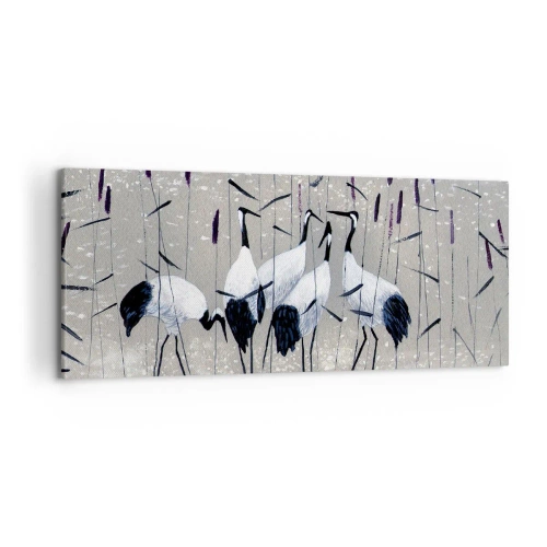 Impression sur toile - Image sur toile - Hérons dans l'herbe sur un fond paisible - 120x50cm - Parmi les siens - Décoration murale moderne pour le salon et la chambre ARTTOR