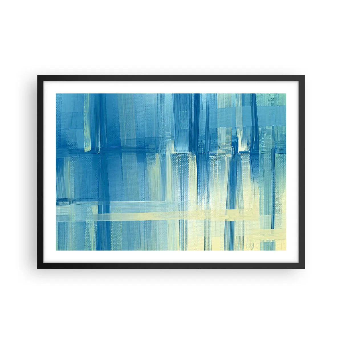 Affiche dans un cadre noir - Poster - Une peinture abstraite dans des tons turquoise et bleu avec des coups de pinceau géométriques. - 70x50cm - Composition en turquoise - Décoration murale moderne pour le salon et la chambre ARTTOR