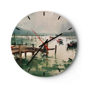 Horloge murale - Pendule murale - Une jetée atmosphérique avec des bateaux sur une eau calme - 30x30cm - Trempé dans une lune en fusion - Décoration murale moderne pour le salon, la cuisine et la chambre ARTTOR