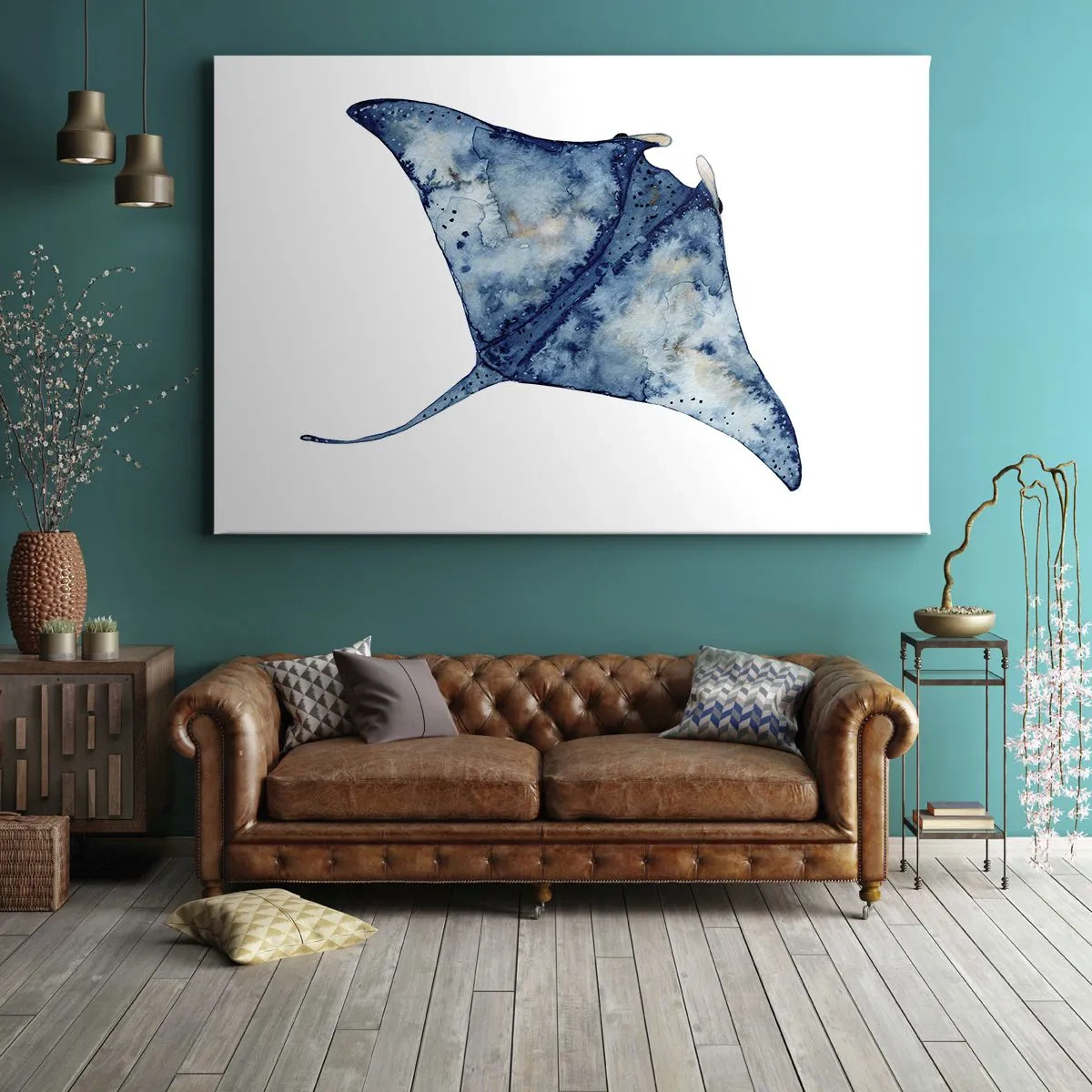 Impression sur toile - Image sur toile - Raie bleue à l'aquarelle sur fond blanc - 70x50cm - La vie en bleu - Décoration murale moderne pour le salon et la chambre ARTTOR