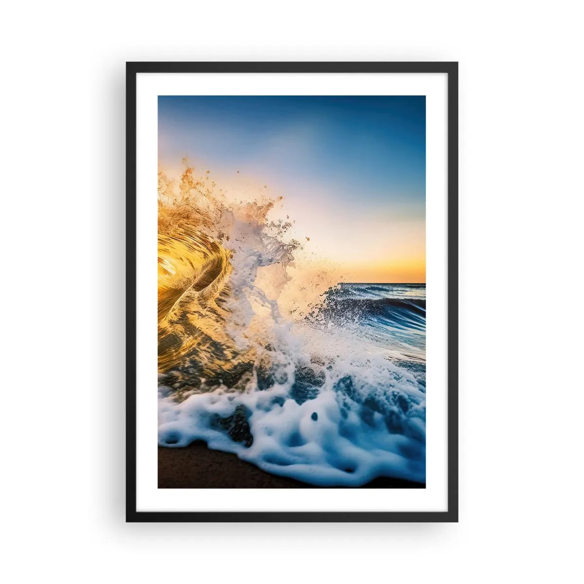 Affiche dans un cadre noir - Poster - Une vague de mer dynamique s'écrasant sur le rivage au coucher du soleil - 50x70cm - S'amuser dans le sable - Décoration murale moderne pour le salon et la chambre ARTTOR