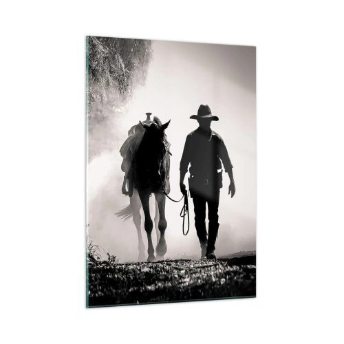 Impression sur verre - Image sur verre - Silhouette d'un cow-boy conduisant un cheval à travers un paysage brumeux - 50x70cm - Matinée texane - Décoration murale moderne pour le salon et la chambre ARTTOR