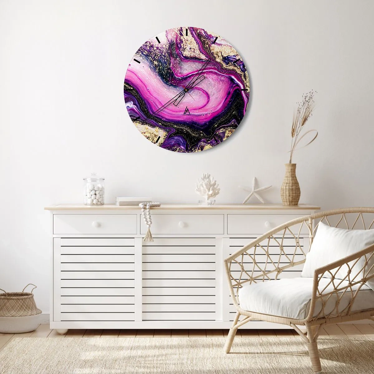 Horloge murale - Pendule murale - Un motif abstrait dans des tons de violet et d'or avec un motif tourbillonnant. - 30x30cm - Un instant dans les coulisses - Décoration murale moderne pour le salon, la cuisine et la chambre ARTTOR