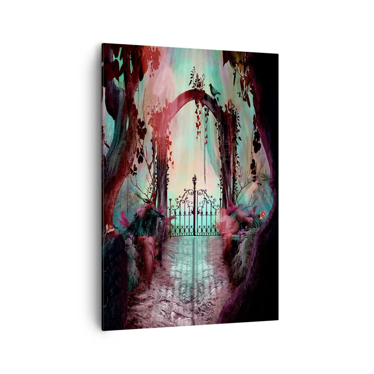 Impression sur toile - Image sur toile - Une entrée magique avec un portail en fer forgé entouré d'une végétation mystérieuse - 70x100cm - Jardin secret - Décoration murale moderne pour le salon et la chambre ARTTOR