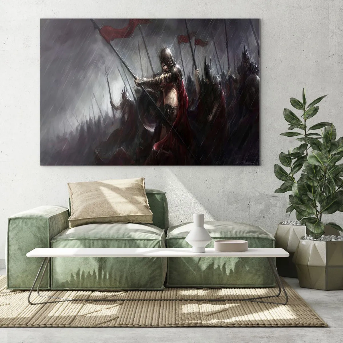Impression sur verre - Image sur verre - Chevaliers sous la pluie sur le champ de bataille en tenue complète - 120x80cm - Passant, dis à Sparte… - Décoration murale moderne pour le salon et la chambre ARTTOR