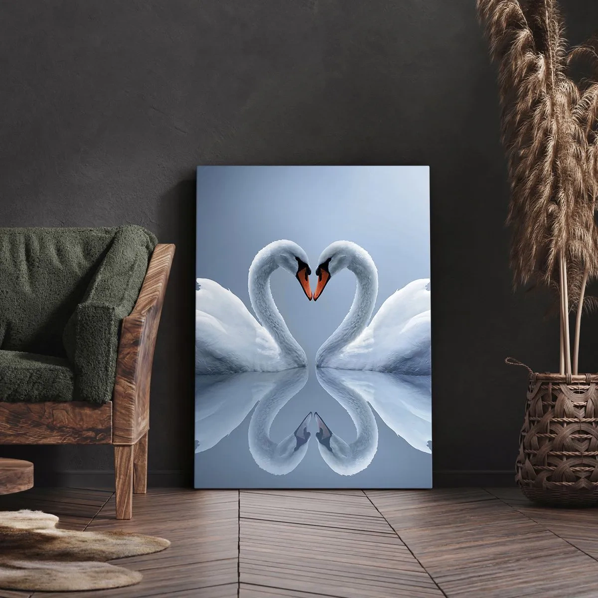 Impression sur toile - Image sur toile - Deux cygnes formant un cœur sur une surface d'eau calme - 50x70cm - Le temps de l'amour - Décoration murale moderne pour le salon et la chambre ARTTOR