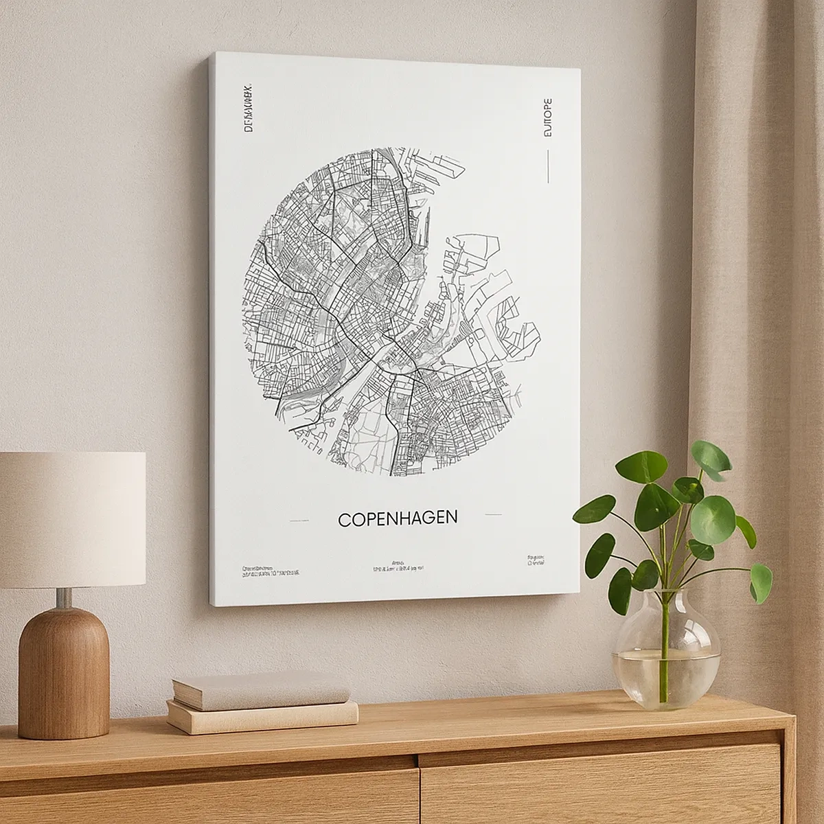 Impression sur toile - Image sur toile - Une carte de Copenhague dans un style minimaliste en noir et blanc. - 50x70cm - Anatomie de Copenhague - Décoration murale moderne pour le salon et la chambre ARTTOR