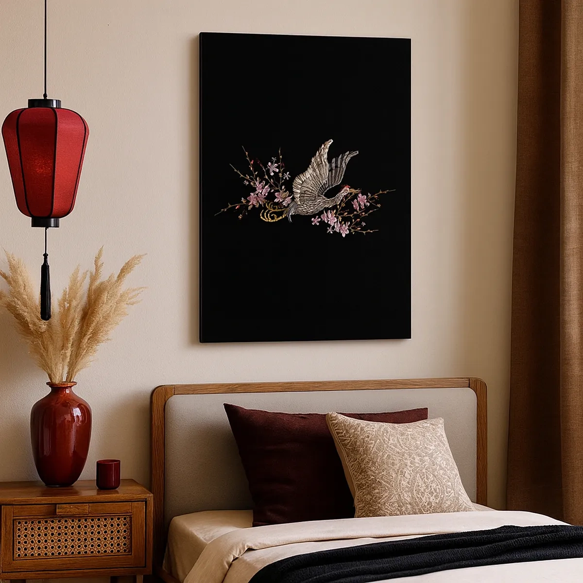 Impression sur toile - Image sur toile - Un oiseau en vol avec des fleurs sur fond noir - 50x70cm - Oiseau brodé exotique - Décoration murale moderne pour le salon et la chambre ARTTOR